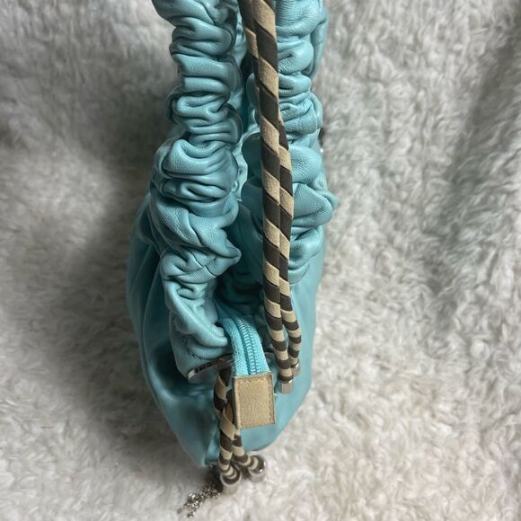 Cromia leather Blue shoulder bag Khaki & brown accent silver tone chain charms - Picture 7 of 16